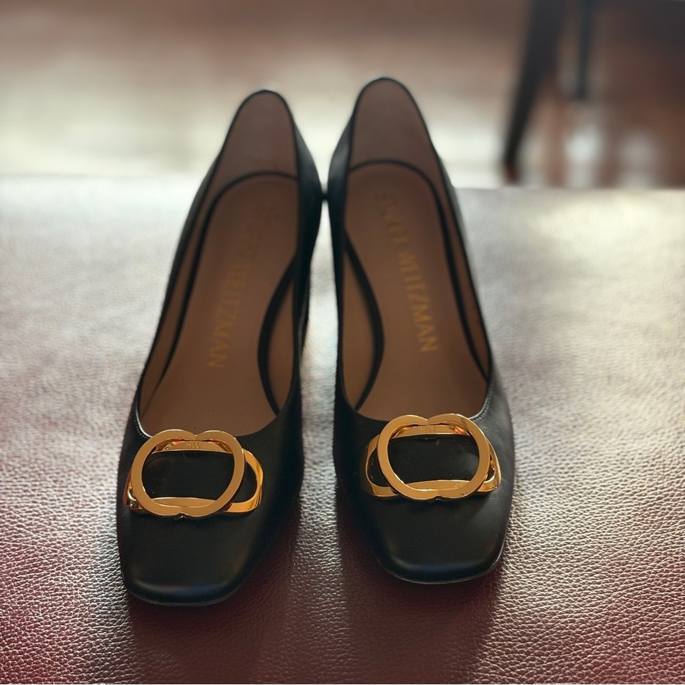 Stuart Weitzman Black Leather Pumps with Gold Accent